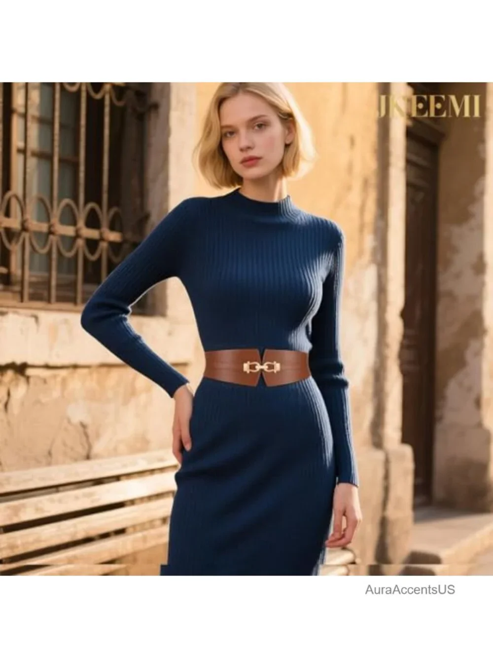 Wide Stretch Elastic Belt Gold Buckle for Dresses Coats